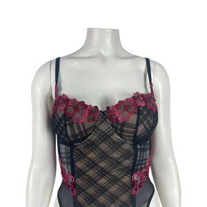 Vintage Victoria's Secret Very Sexy Corset Top 34C Pink Black Floral Lace Garter